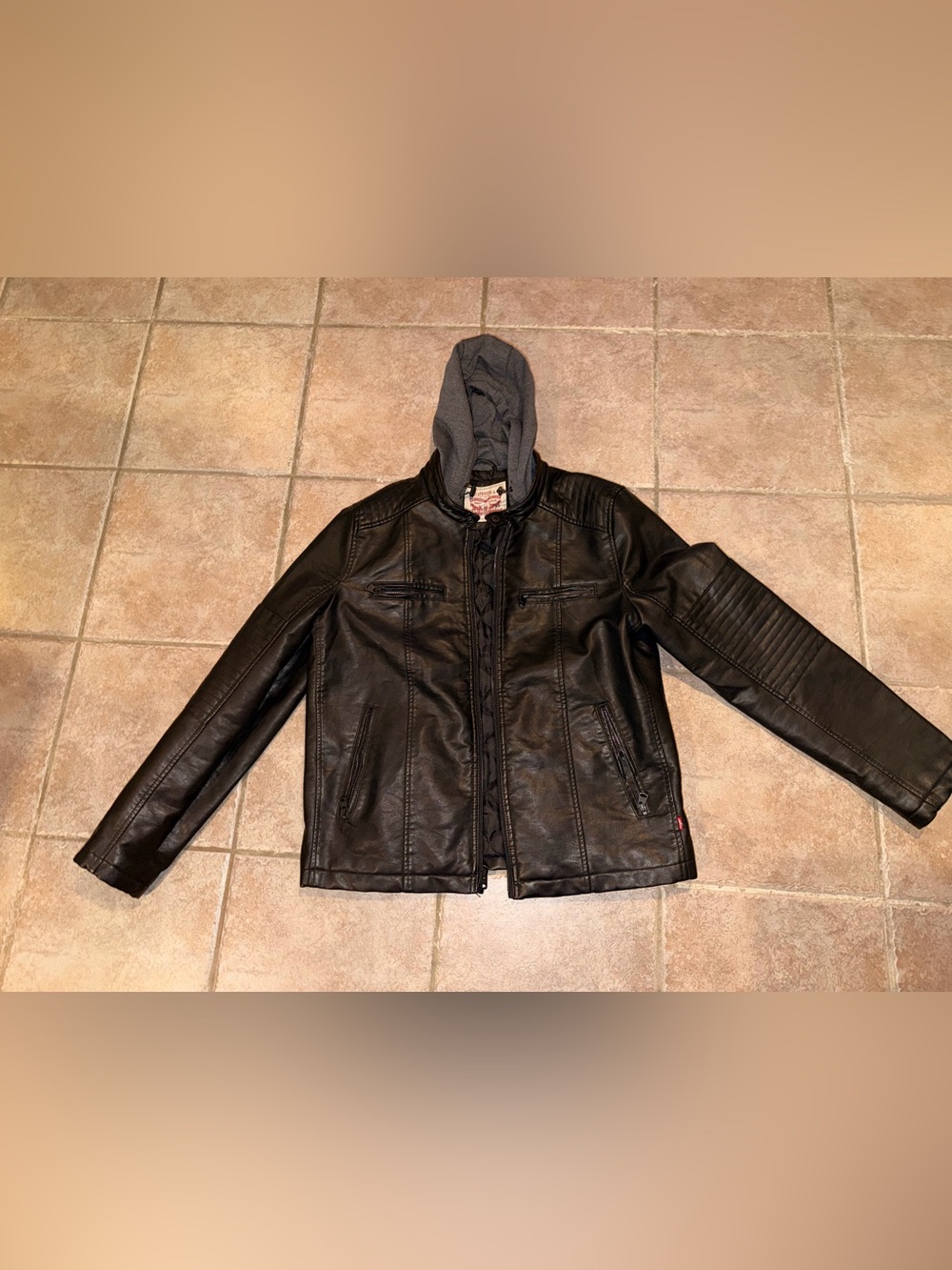 Levi's Black Faux Leather Bomber Jacket with Gray Hood